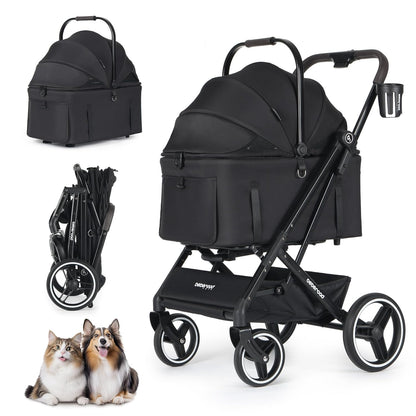 X3 2 in 1 Pet Stroller for Medium or Two Small Dogs & Cats 4 Wheels Lightweight Foldable Carrier Dog Stroller with Waterproof Weather Cover Cup Holder,Storage Basket(Black) - Pawvie