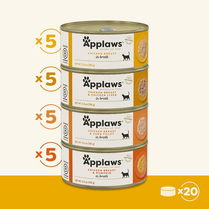 Applaws Natural Wet Cat Food in Broth, Limited Ingredient Canned Wet Cat Food, No Additives, Made with Natural Ingredients, Chicken Selection in Broth Cans (20 x 5.5 oz Cans)