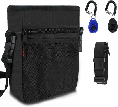 SZO Dog Treat Pouch - 3 Ways to Wear Treat Pouches for Pet Training, Dog Training Treat Pouch Bag and 2 Pieces Clicker Taining for Dogs with Waist Belt Shoulder Strap-Max Black
