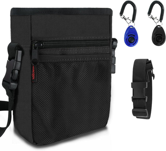 SZO Dog Treat Pouch - 3 Ways to Wear Treat Pouches for Pet Training, Dog Training Treat Pouch Bag and 2 Pieces Clicker Taining for Dogs with Waist Belt Shoulder Strap-Max Black