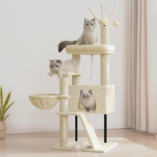 Cat Tree for Indoor Cats, Cat Tower with Scratching Post for Small Cats and Kittens, Cat House with Removable Top Platform and Fluffy Balls, Hanging Cat Basket, Beige GCT006SM