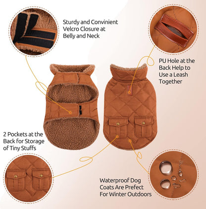 Queenmore Warm Dog Coat, Cold Weather Puffer Dog Jacket with Ultra Thick Plush Lining and Storage Pockets (Brown, Medium)