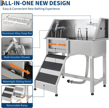 JoyJoy Stainless Steel Dog Washing Station - Dog Bath Tub for Large, Medium, Small Dogs, Pet Grooming Tub with Ramp, Non-Slip Grate, Shower, Soap Box, Faucet, Drain for Home & Outdoor（38"）