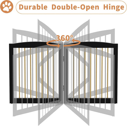 Freestanding Pet Gate for Dogs, Foldable Wooden Dog Gate for House, Stairs, Doorways, Step Over Pet Puppy Safety Fence,Support Feet Included,24" Height 2 Panels, Black&Gold