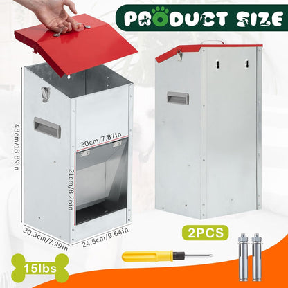 2 Pcs 15 Lbs Large Automatic Dog Feeders with Handle Acrylic Panel Galvanized Gravity Feeder Outdoor Hanging for Doggie Breed Dog Food Dispenser Container(Red)