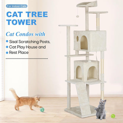 FDW Cat Tree Tower 81in Multi-Level Durable Cat Scratching Post & Cozy Fun Jumping Platform Space Saving Condo Pet Play House for Indoor Cats,Beige