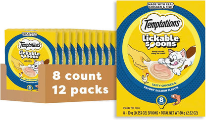 Temptations Lickable Spoons Adult Wet Cat Treat, Tasty Chicken and Savory Salmon Flavor, 8 Spoons, Pack of 12 (96 Total)