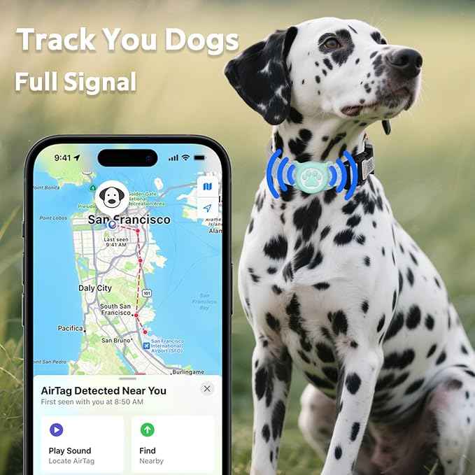 WhoseID Dog Collar with Waterproof AirTag Holder & Anti-Lost QR Code, Cute Bling Warpping Adjustable Width for Small Medium Large Pet (Light Blue, L)