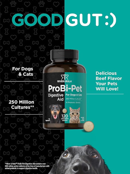 Horbaach Probiotics for Dogs & Cats | Digestive Health Pet Supplement | 120 Chewable Tablets | with 14 Probiotic Strains | Savory Beef Flavor | by River & RULA