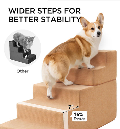 Made4Pets Dog Stairs for Small Dogs, Extra Wide Dog Steps for Bed Couch Sofa and Chair, 35D Foam Pet Steps for Small Dogs and Cats, Non-Slip Bottom Pet Stairs, Tan, 3 Steps