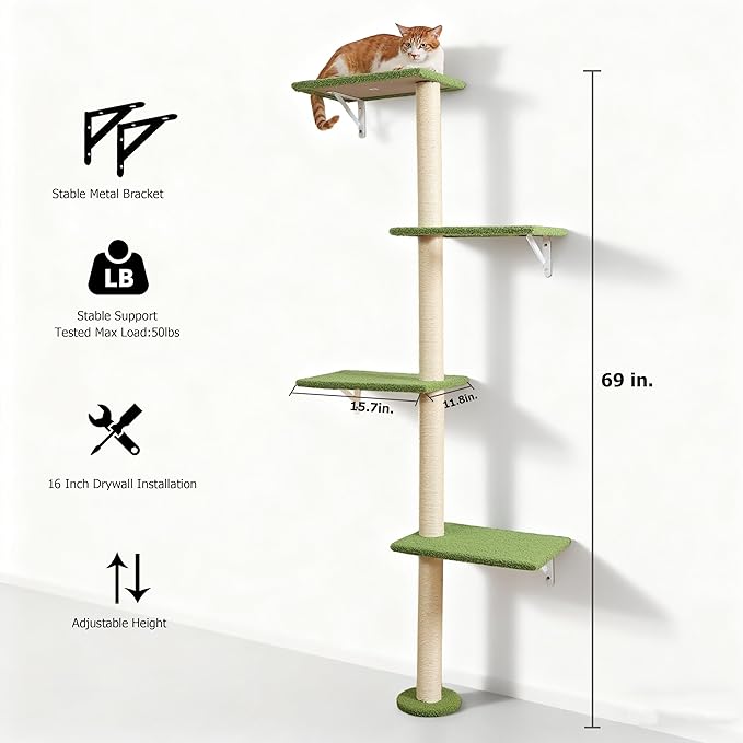 Cat Tree Wall Mounted,Tall Scratching Post for Indoor Cats Climbing Tower Activity Wood Cat Wall Furniture(Green)
