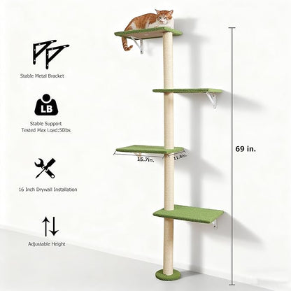 Cat Tree Wall Mounted,Tall Scratching Post for Indoor Cats Climbing Tower Activity Wood Cat Wall Furniture(Green)