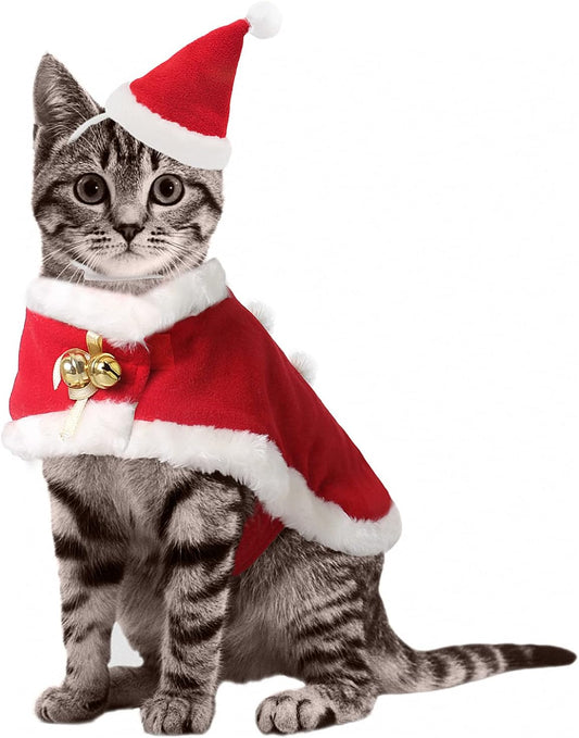 Enjoying Cat Christmas Costume, Pet Santa Claus Hat with Xmas Clothes for Cats Small Dogs, Kitten Christmas Warm Cloak Coat, New Year Puppy Red Hat Outfit