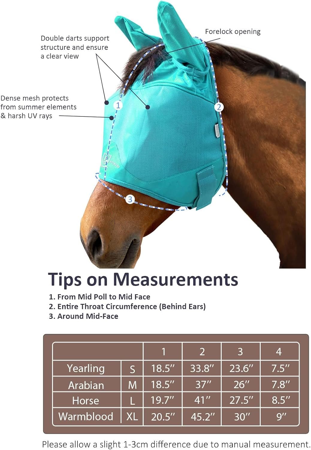 Harrison Howard UV-proof Multi-Function Fabrics Thick Fleece Padding Horse Fly Mask Half Face with Ears Mint Arabian Medium