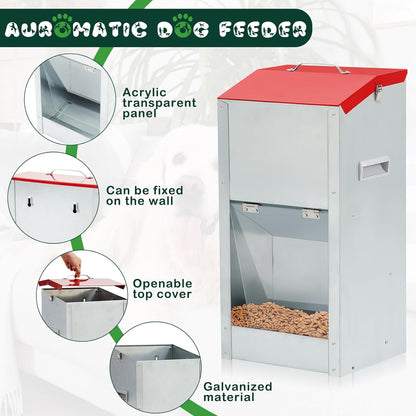 2 Pcs 25 Lbs Large Automatic Dog Feeders with Handle Acrylic Panel Galvanized Gravity Feeder Outdoor Hanging for Doggie Breed Dog Food Dispenser Container(Red)