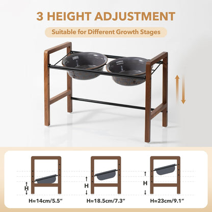 7.1inch Ceramic Adjustable Raised Double Bowls Set with Stand, 3 Heights Elevated, 2 Placement Options,Food and Water Bowls for Medium and Large Dog(Reactived Glaze -Grey)