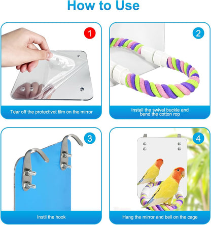 5.9" Bird Mirror with Rope Perch Bird Toys Swing, Comfy Perch for Greys Amazons Parakeet Cockatiel Conure Lovebirds Finch Canaries