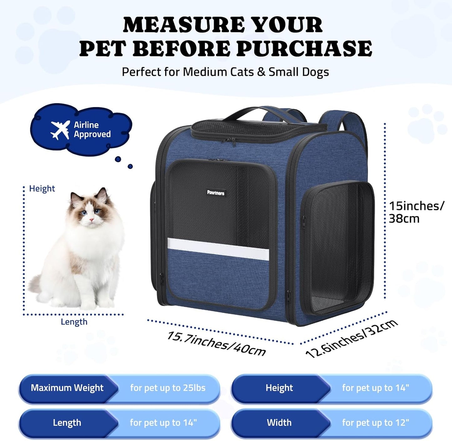 Pawtners Dog Backpack Carrier Dog Carrier with Anti-Scratch Mesh with Great Ventilation, Large Pet Carrier Backpack for Small Dogs & Large Cats, Foldable Designed Pet Backpack Perfect for Travel - Pawvie