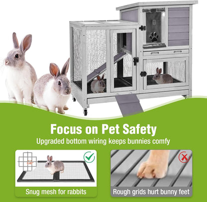 GUTINNEEN Indoor Rabbit Hutch Guinea Pig Cages with Chew-Proof Ramp, 2-Story Wooden Bunny House with Pull-Out Tray & Lockable Caster Wheels, Small Animal Cage for 2-4 Rabbits & Guinea Pigs (Grey)