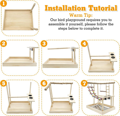 Hamiledyi Bird Playground Parrots Wood Perch Stand Cockatiel Playground Bird Play Gym Colours Climb Ladders Swing Chewing Toys with Parakeet Feeding Cups Exercise Activity Center for Lovebirds Conure