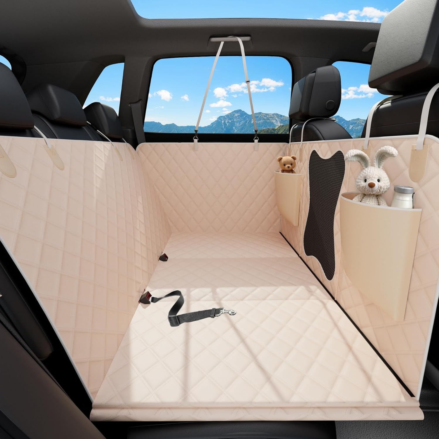 Waterproof Dog Car Seat Cover for Back Seat – Heavy Duty Back Seat Extender for Dogs with Hard Bottom, 7-Layer Protection, Non-Slip & Scratchproof, Easy to Install (Beige) - Pawvie