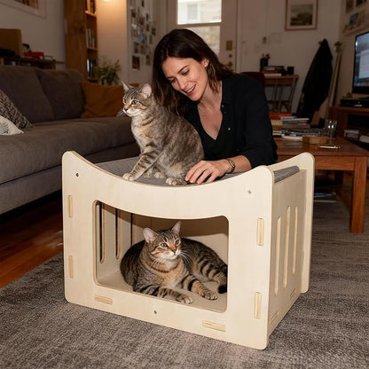 Cute Cat Head Wooden Indoor Cat House, Double Decker Cat Shelter with Elevated Soft Canvas Upper Bed, Multi-Level Pet Condo for Cats & Rabbits
