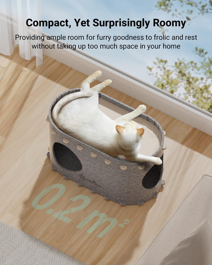 DownyPaws Cat House for Indoor Cats, Cat Bed Cave for Multiple & Large Cats Up to 22 Lbs, Scratch Resistant, Foldable Peekaboo Kitten Caves Tunnel Enclosed Bed, PeekaPurr, Light Gray