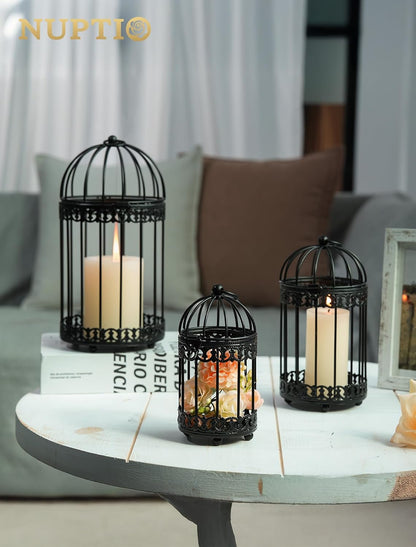 NUPTIO Vintage Bird Cage Lantern: Black Hanging Bird Cage Decor Candle Lanterns for Centerpiece - Large Birdcage Pillar Candles Holder for Halloween Christmas Bridal Shower 10 Inch H