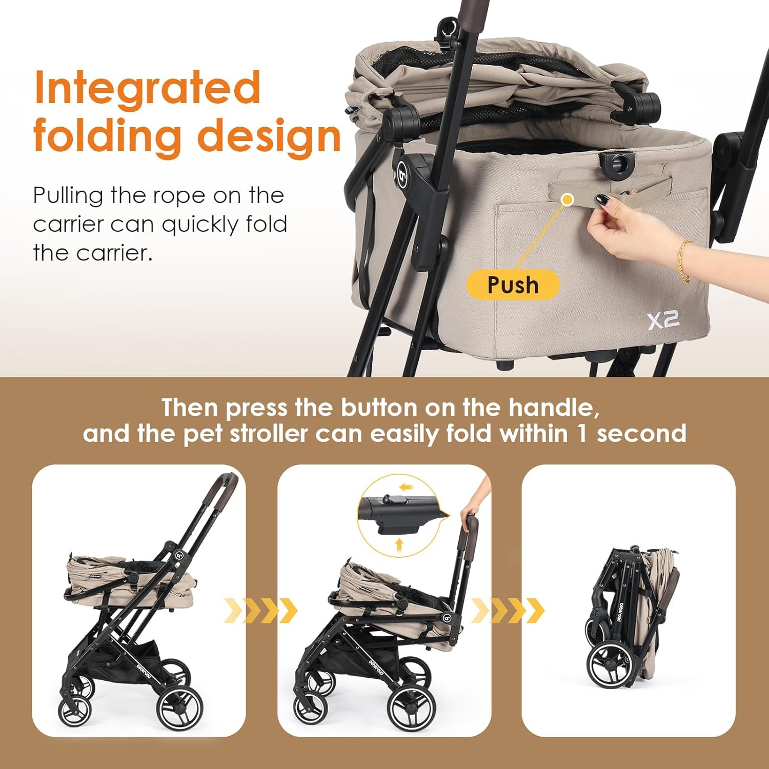 X2 Pet Stroller, Dog Cat Stroller for Small Pets Under 44lbs, Equipped with Detachable & Foldable Carrier, Waterproof Pad & Sunshade Canopy,Camel (Camel) - Pawvie