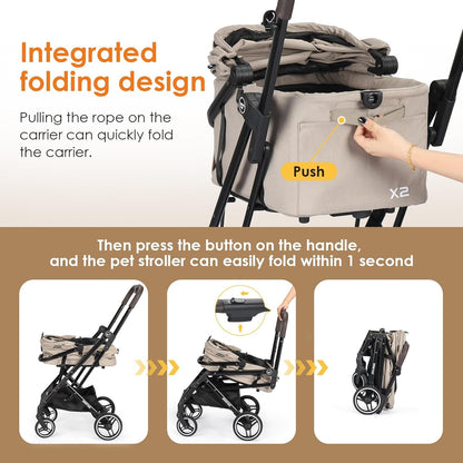 X2 Pet Stroller, Dog Cat Stroller for Small Pets Under 44lbs, Equipped with Detachable & Foldable Carrier, Waterproof Pad & Sunshade Canopy,Camel (Camel) - Pawvie