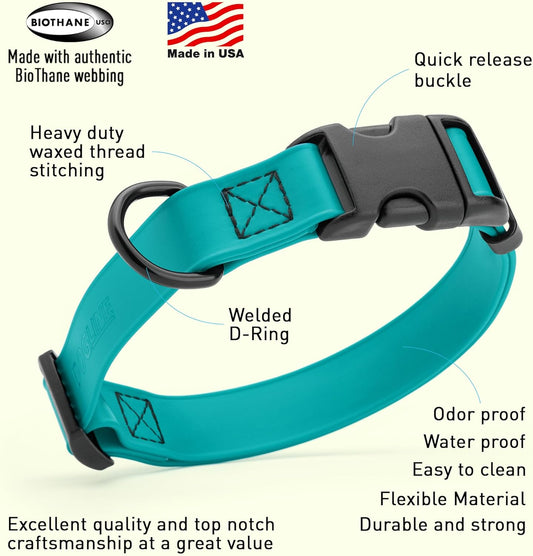 Dogline Biothane Waterproof Dog Collar with Quick Release Buckle Strong Coated Nylon Webbing with Odor- Proof for Easy Care Easy to Clean Fits Small Medium Large Dogs, Teal 5/8" W 9-14" L