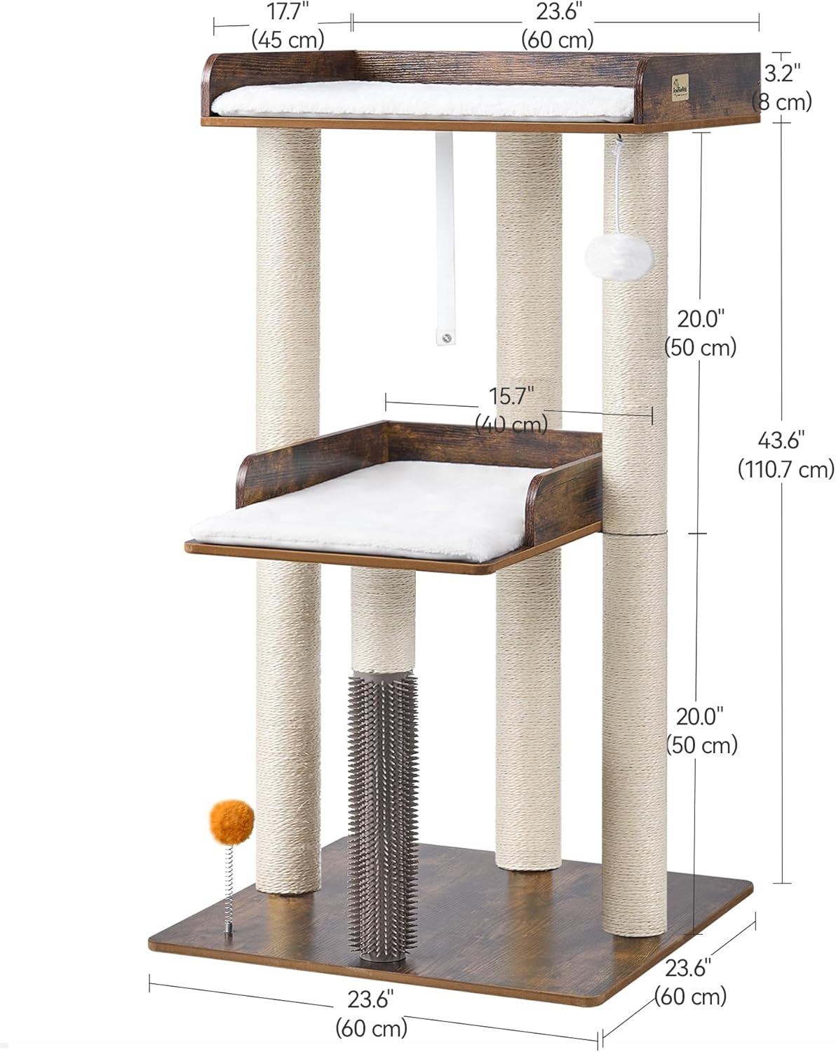 FourFurPets 43.7" Cat Tree, Modern Cat Tree Tower, Cat Tower for Indoor Cats Large Adult, Cat Condo with Scratching Post, Large Perch and Removable Pads,Rustic Brown