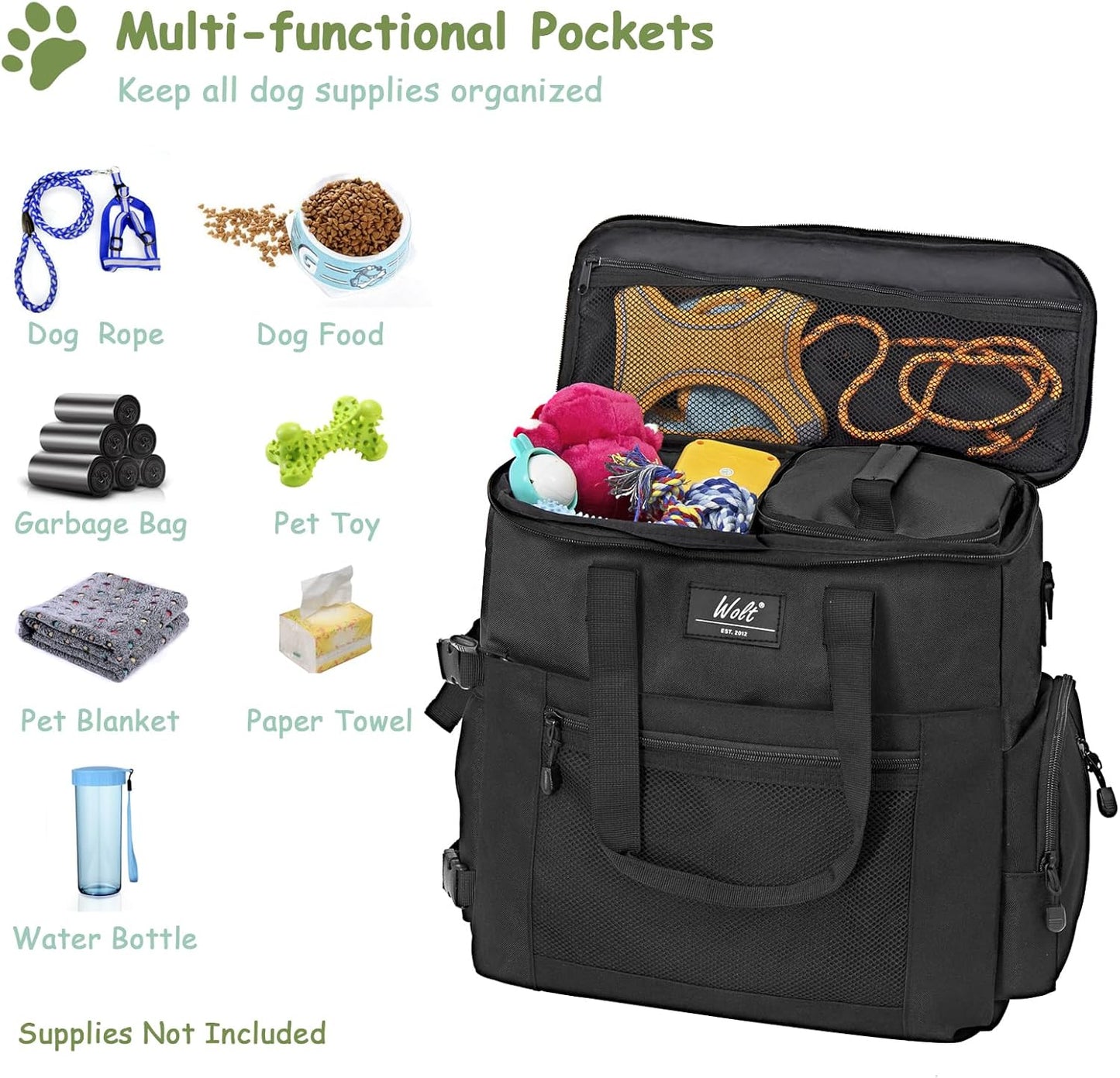 WOLT Dog Travel Bag Dog Bag for Traveling and Supplies with 2 Collapsible Bowls, 2 Food Containers, 1 Place Mat, Black - Pawvie