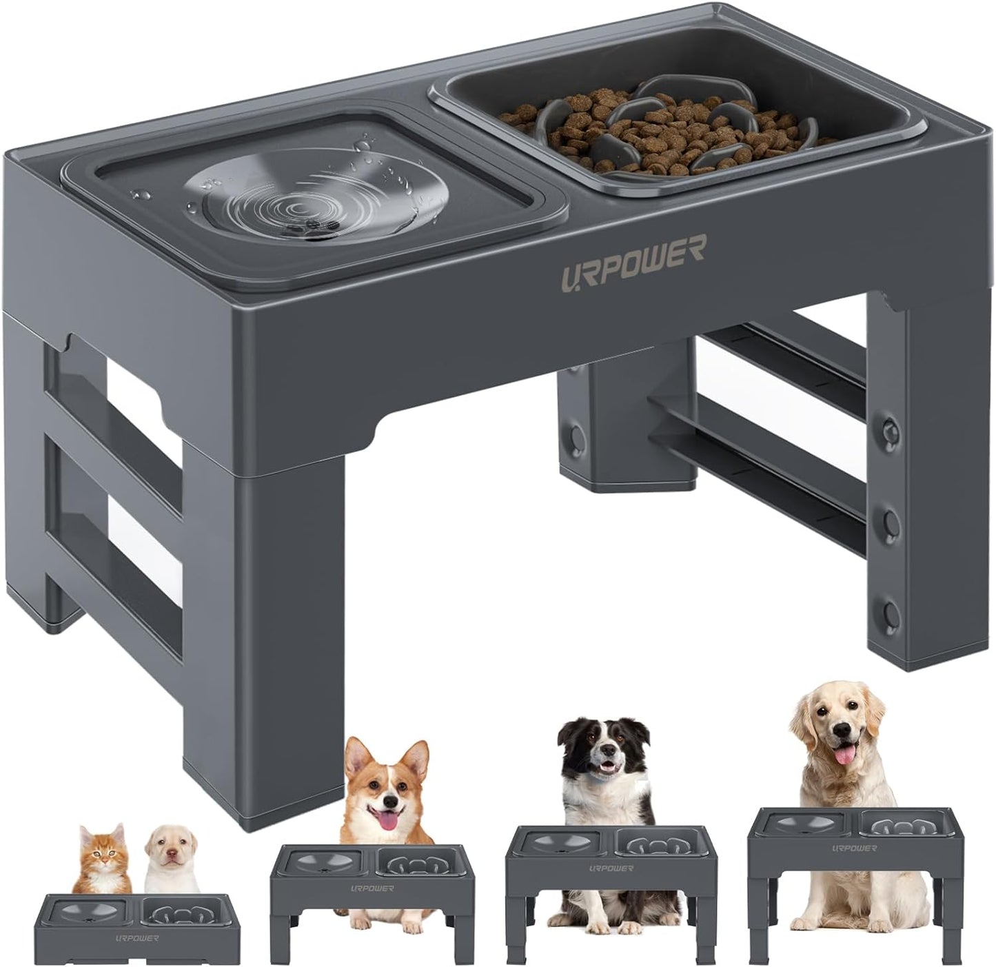 URPOWER 2-in-1 Elevated Slow Feeder with No Spill Dog Water Bowl 4 Height Adjustable Raised Bowl Stand for Small to Large Dogs, Cats & Pets