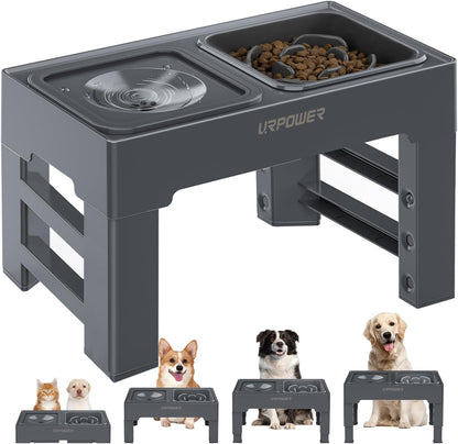 URPOWER 2-in-1 Elevated Slow Feeder with No Spill Dog Water Bowl 4 Height Adjustable Raised Bowl Stand for Small to Large Dogs, Cats & Pets