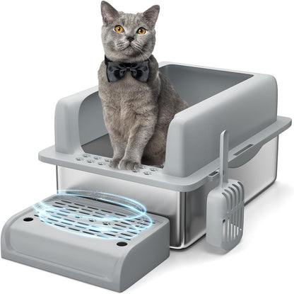 Stainless Steel Cat Litter Box 6 inch, XXL Large Cat Litter Tray with High Side, Platform Step and Scoop for Big Cats Multiple Cats, Easy Clean