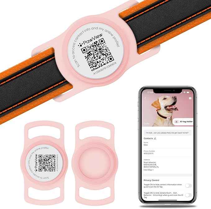 for Airtag Dog Collar Holder with QR ID Tag, Glow in the Dark, Fluorescent Waterproof Silicone for Airtag Case for Dog Collars, Scan for Instant Alert, Emergency Contact, Pet Profile (Pink)