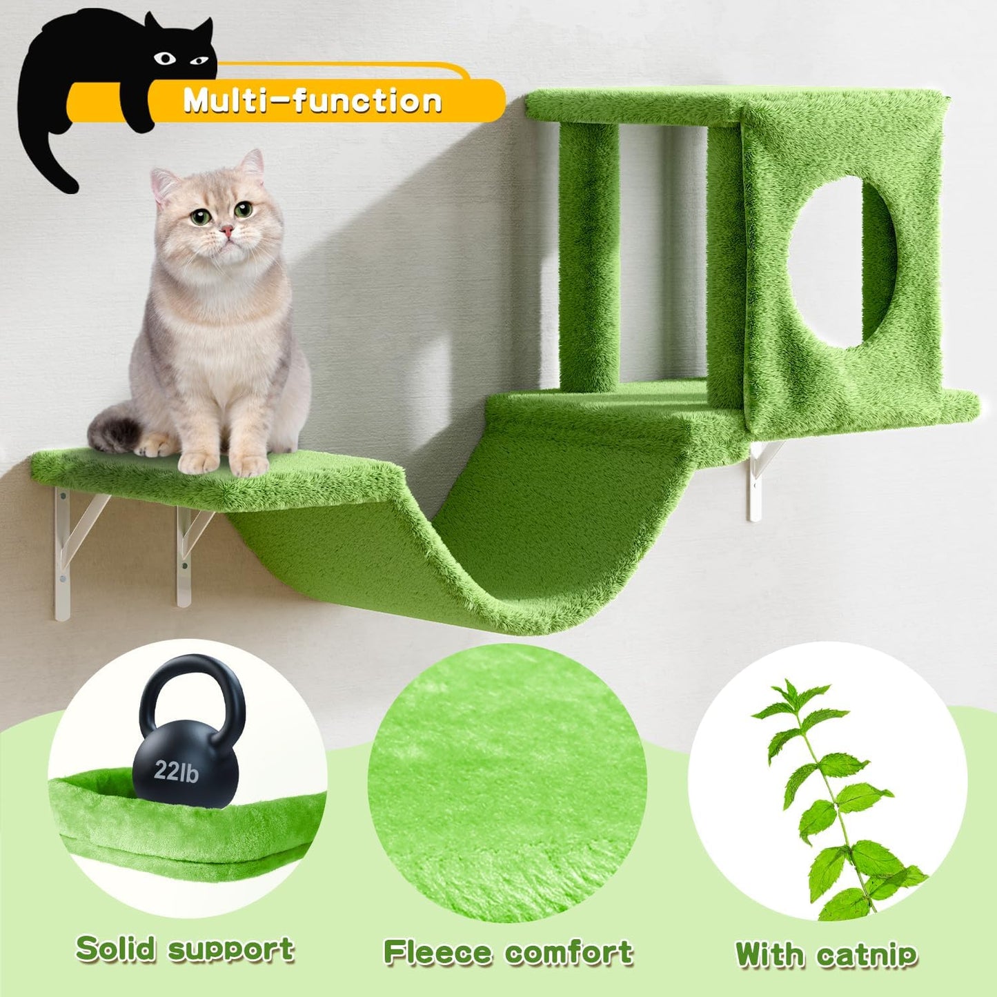 NUNU LAB Wall Mounted Cat Climber Set, 6 Pcs Cat Furniture Set with House, Bridge, Steps, Scratcher Board and Hammock, Shelves for Indoor, Luxury Walls Furniture(Green)