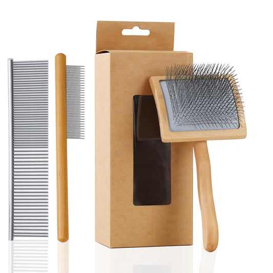 Ergonomic Slicker Brush for Long-Haired Dogs - Wooden Handle, Long Pins for Grooming Goldendoodles