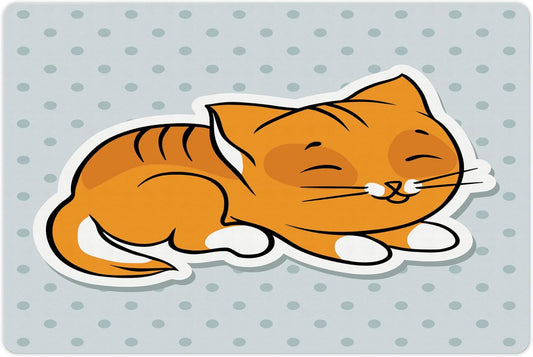 Lunarable Cat Pet Mat for Food and Water, Sleeping Kitten on Polka Dots Background Theme Graphic, Non-Slip Rubber Mat for Dogs and Cats, 18" X 12", Marigold Orange