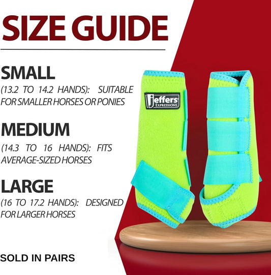 Jeffers Equine Neon Horse Boots – 1 Pair – Lime and Turquoise – Large Size – Breathable Neoprene, Secure Strap Closures – Durable Protection for Front & Hind Legs, Training, Trail & Riding Use