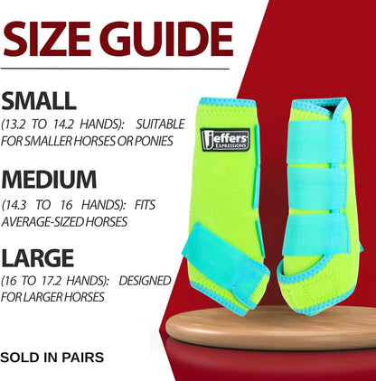 Jeffers Equine Neon Horse Boots – 1 Pair – Lime and Turquoise – Small Size – Breathable Neoprene, Secure Strap Closures – Durable Protection for Front & Hind Legs, Training, Trail & Riding Use
