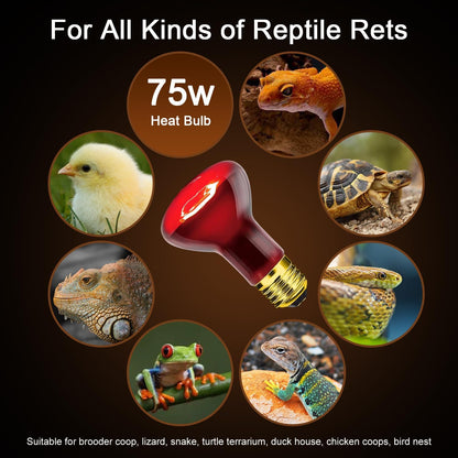 Reptile Heat Lamp Bulb 75W 2PCS, Infrared Heat Emitter Red Heat Lamp for Reptile Amphibian, Infrared Basking Spot Light Bulb