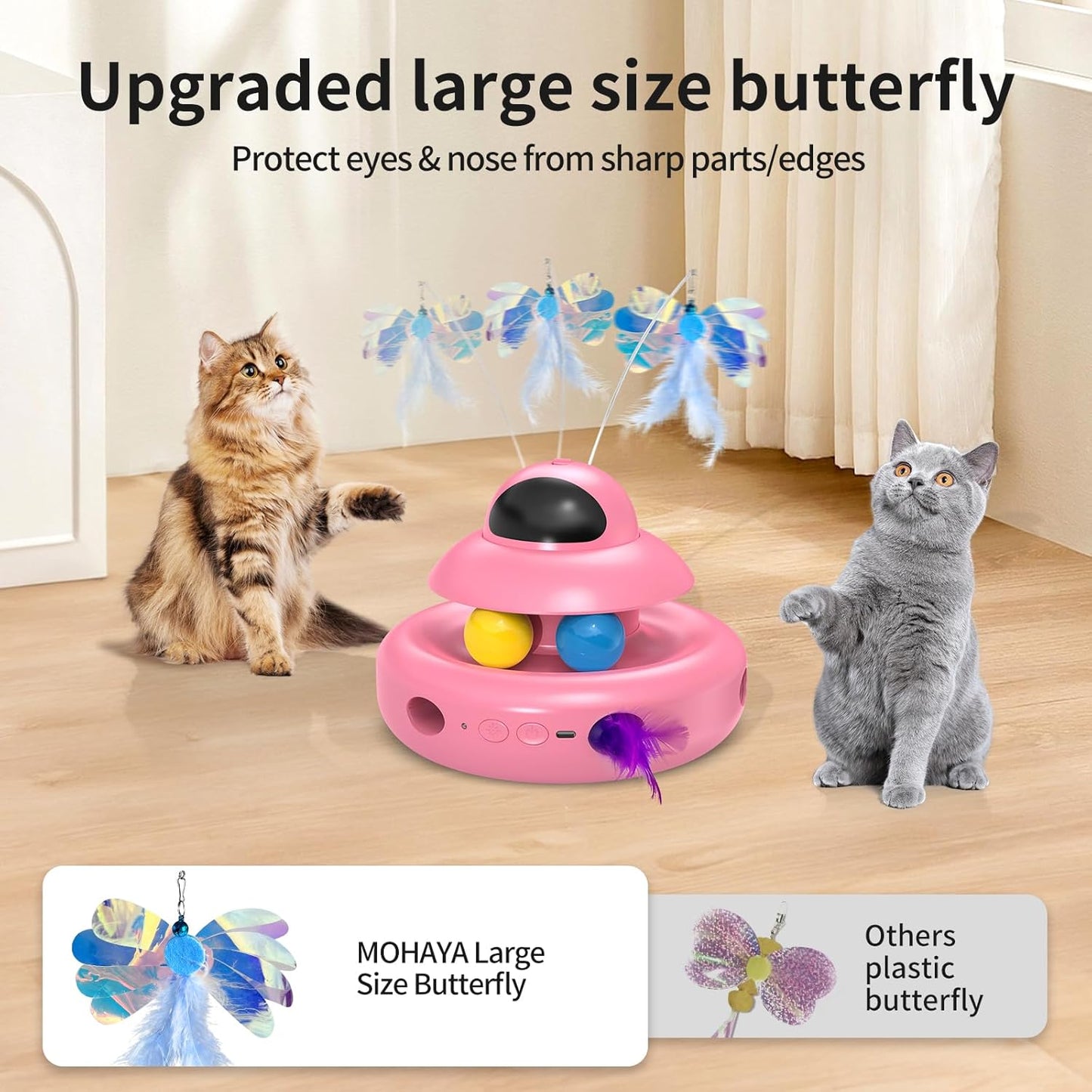 Automatic Cat Toys,4-in-1 InteractiveCat Toys for Bored Indoor Adult Cats, Electric Flying Butterfly,Rechargeable Moving Ambush Feather,Pink Kitter Toy Track Balls
