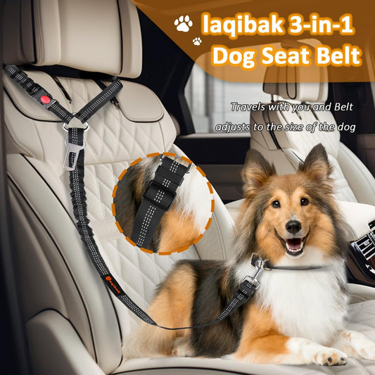Removable Dog Seat Belt Harness for Car, 3 in 1 Pet Dog Car Seatbelt Leash, Retractable Restraint Secures to Vehicle Headrest & Adjustable Reflective Bungee Dog Seatbelt Tether, Black