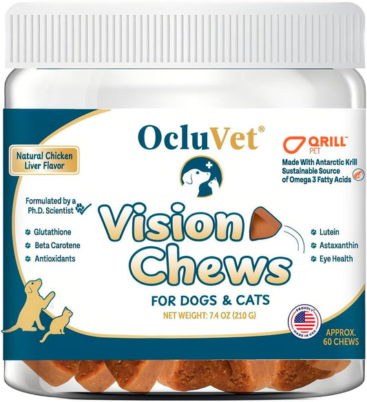 Vision Chews Eye Supplements for Dogs & Cats with Omega 3 Krill, Astaxantin, Choline, Lutein, Glutathione, Cat Vision Supplement & Dog Eye Supplements, Chicken Liver Flavor, 60 Chews, 3.5g Each