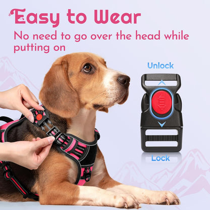 Eagloo Dog Harness Medium Sized, Easy Wearing with 3 Buckles, Adjustable No Pull Pet Harness with 2 Rings for Walking, No Chock Reflective Soft Padded Vest with Control Handle, Pink & Black, M