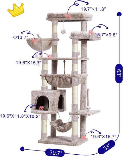 Cat Tree, Cat Tower for Large Cats with 2 Big Platforms, 2 Baskets, condo and Toys, 63" Cat Scratching Posts for Indoor Cats, Muchroom GCT020MU