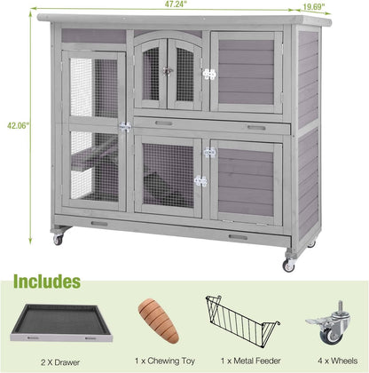 GUTINNEEN Guinea Pig Cage 2 Story Indoor Rabbit Hutch Outdoor Bunny House with Wheels and Leakproof Tray 47" L