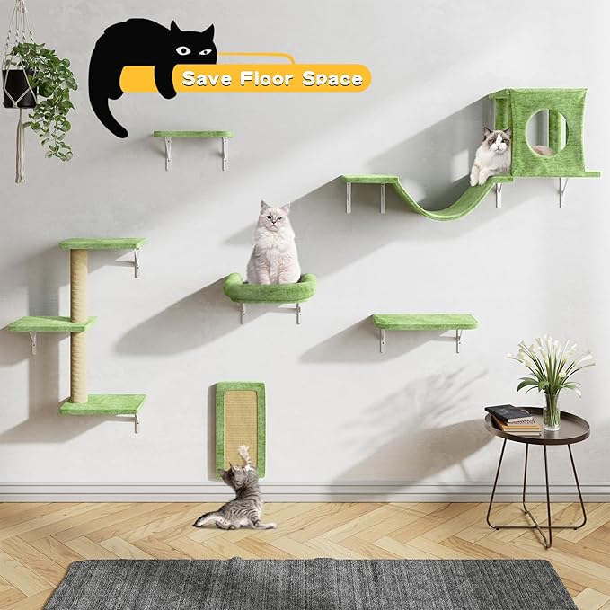 NUNU LAB Wall Mounted Cat Wall Shelves, 12-in-1 Cat Wall Climber with Condos House, Scratching Post, Bridge Ladder, Indoor Space-Saving Furniture for Kittens Play, Green
